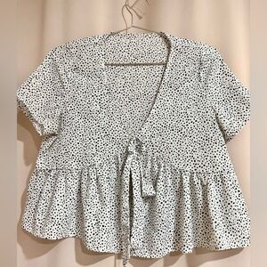 SHEIN Black and White Dotted Tie-Front Blouse